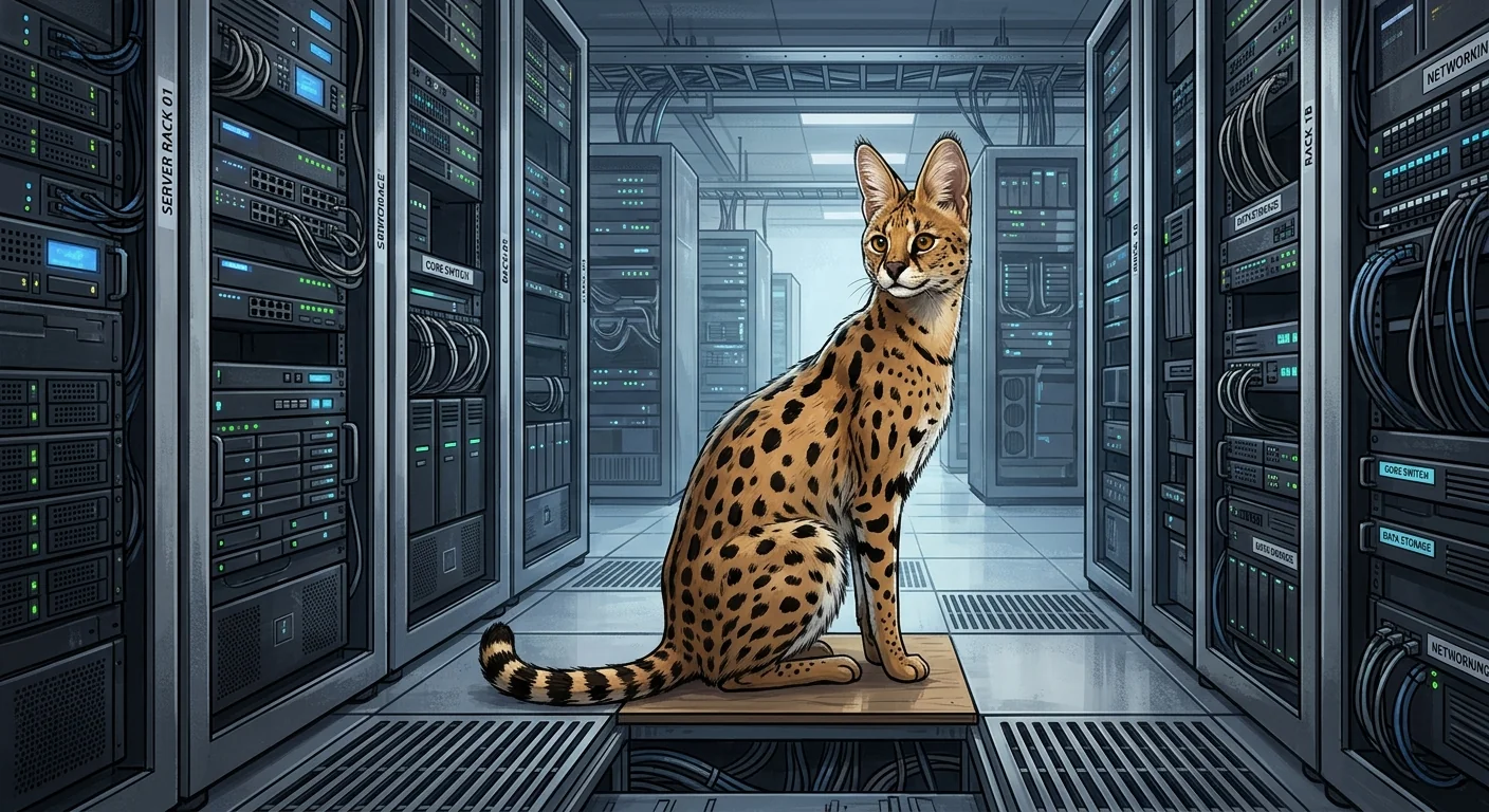 サーバールームにたたずむサーバルキャットのイラスト